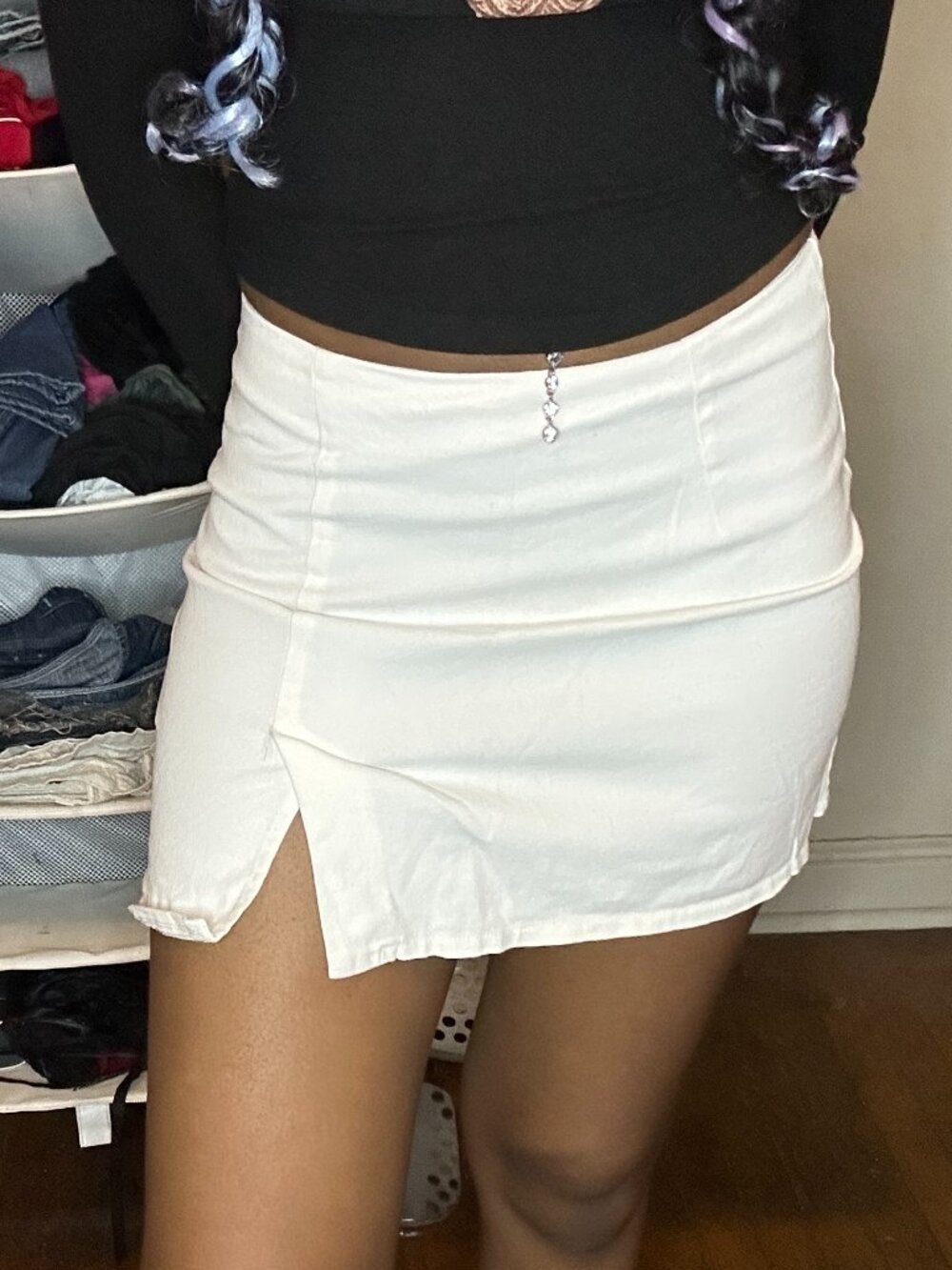 Women's White Mini Skirt with Front Slit